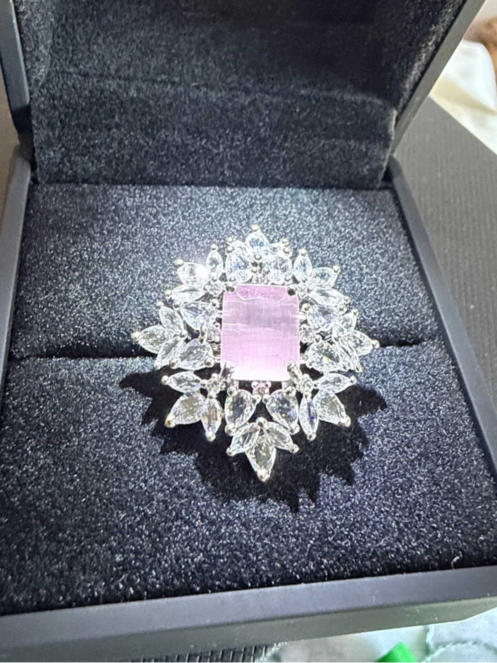 Silver-Tone Pink Crystal Statement Ring